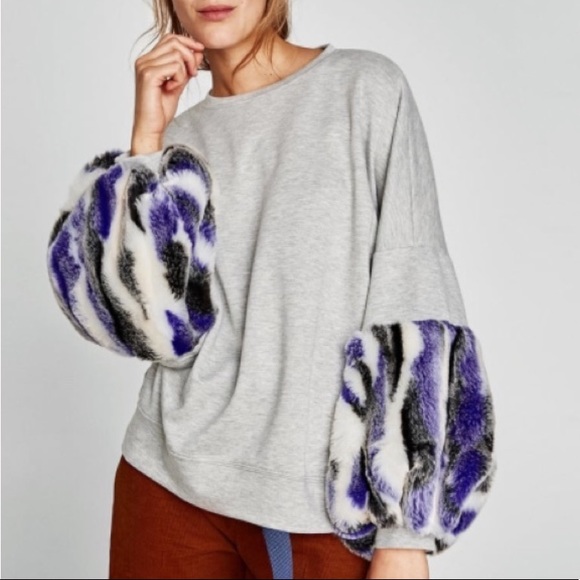 Zara Tops - Zara Faux Fur Sleeve Sweatshirt